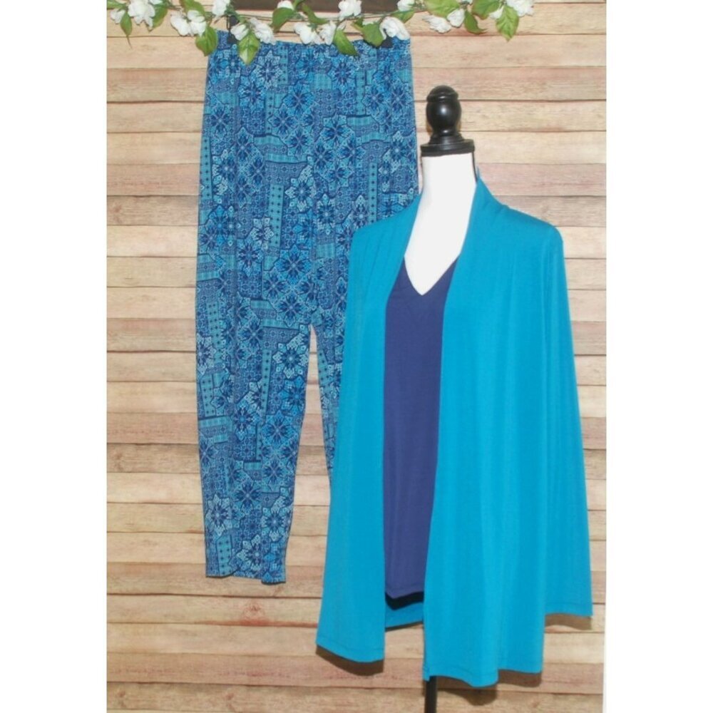 Roaman's Denim 24/7 3 Piece Lot Lounge Set Size L Pants Top Cardigan Blue Comfy